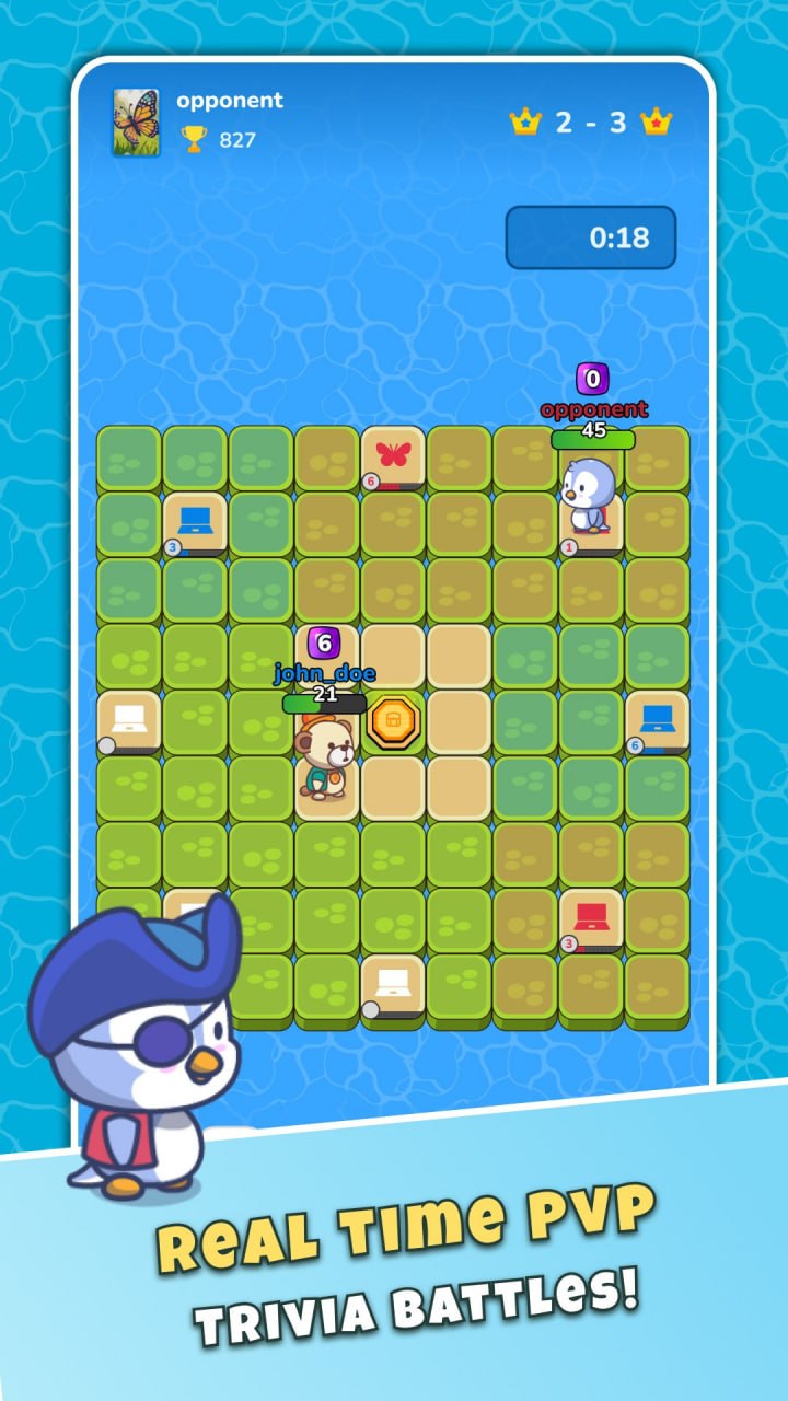 In-game battle board screenshot showing a quiz question popup and player avatars